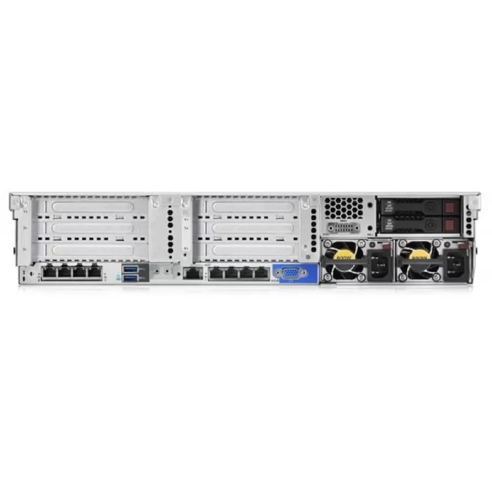 HPE ProLiant DL380 Gen9 server rear panel showing network ports, PCIe slots, and power supplies