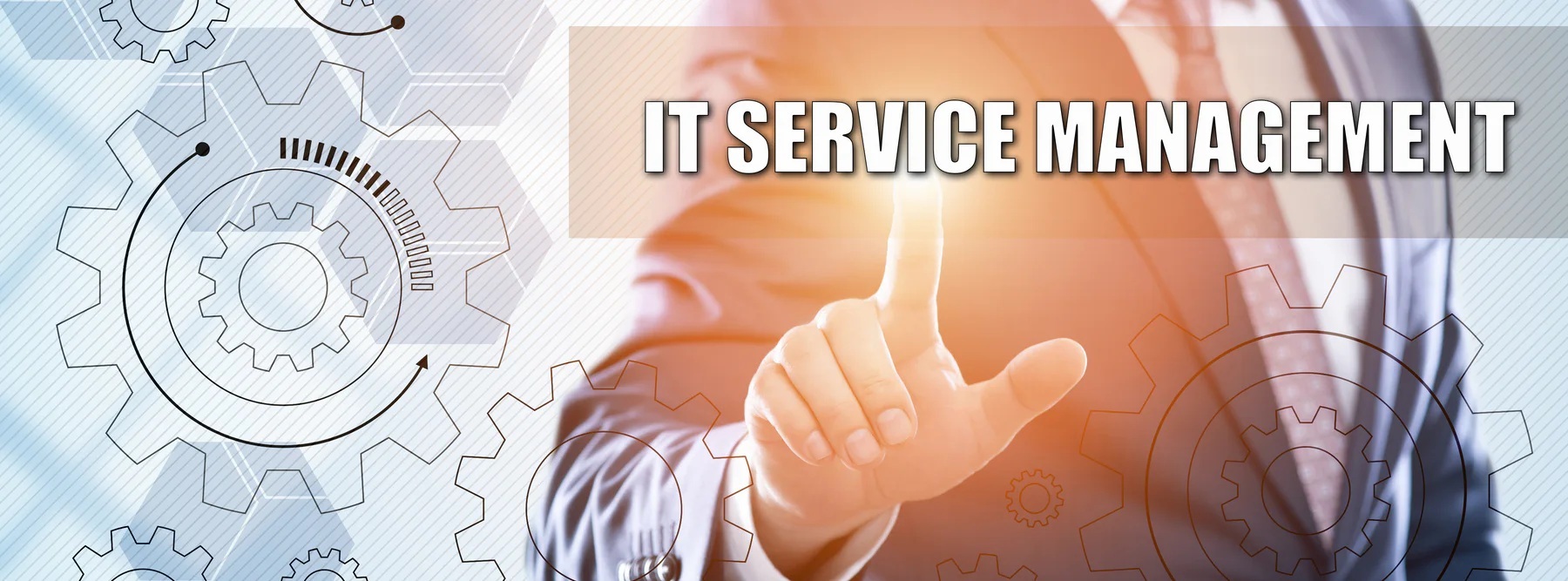 IT Service Management graphic — a hand touching a digital interface surrounded by gear and network icons