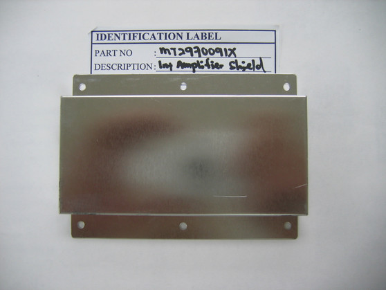 Internal amplifier shield for mobile radios, approx. 3 3/4" × 5 1/8" × 7/8" tall. Raised area approx. 2.5" wide with half-rounded opening at one end. Ranger part #MT2970091XHalf.