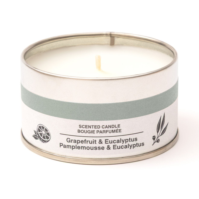 Bougie au parfum pamplemousse et eucalyptus dans une boîte en étain