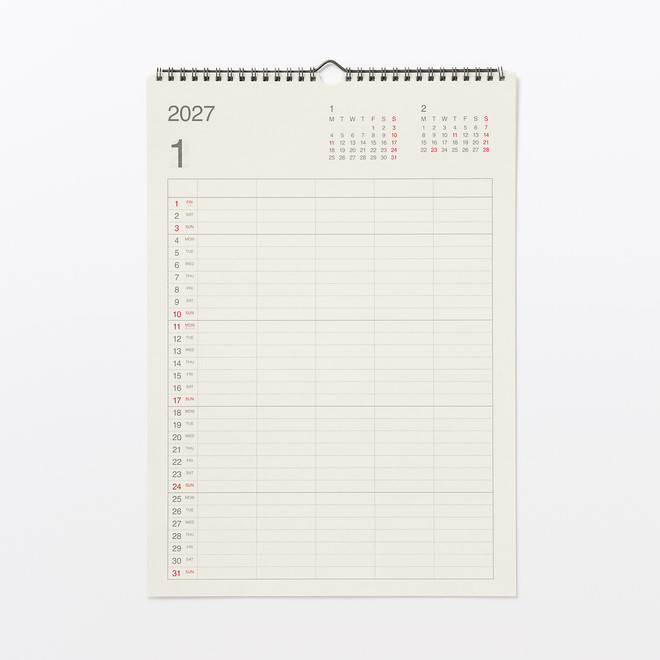 Calendrier mural familial 2027 en papier bagasse - Format A3