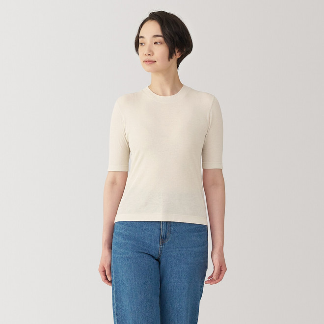 T‐shirt côtelé à manches courtes et col rond en mélange de fibres de soja femme