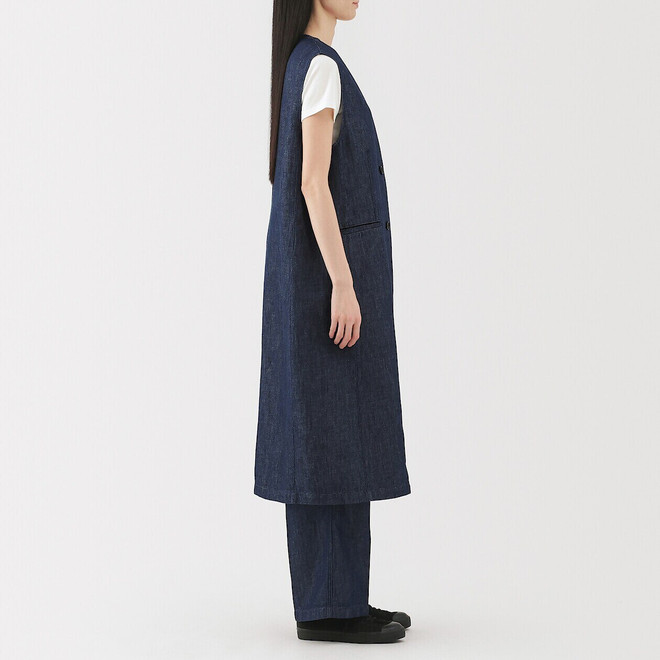 Gilet long en mélange denim‐chanvre pour femme