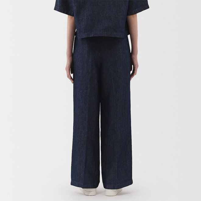 Pantalon large plissé en mélange chanvre‐denim pour femme