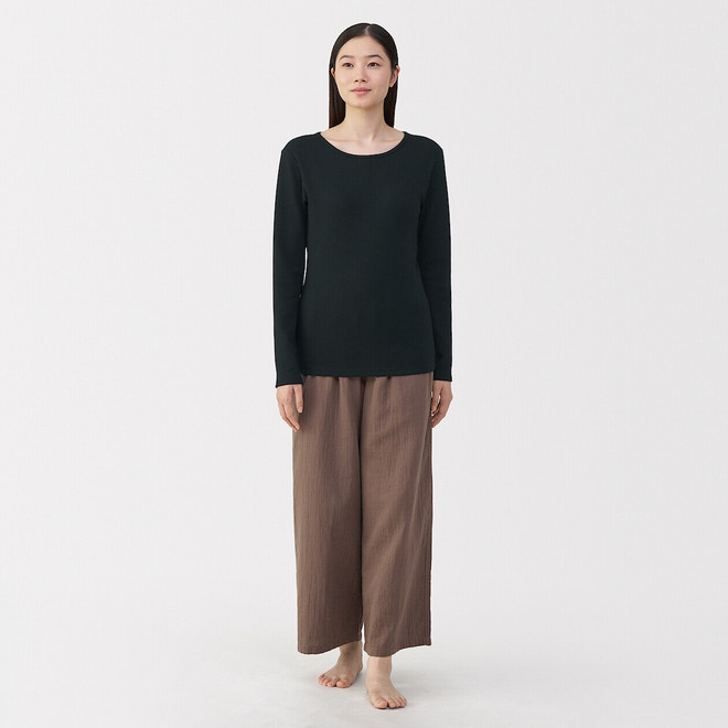 T‐shirt manches longues col rond en coton et laine chauds pour femme