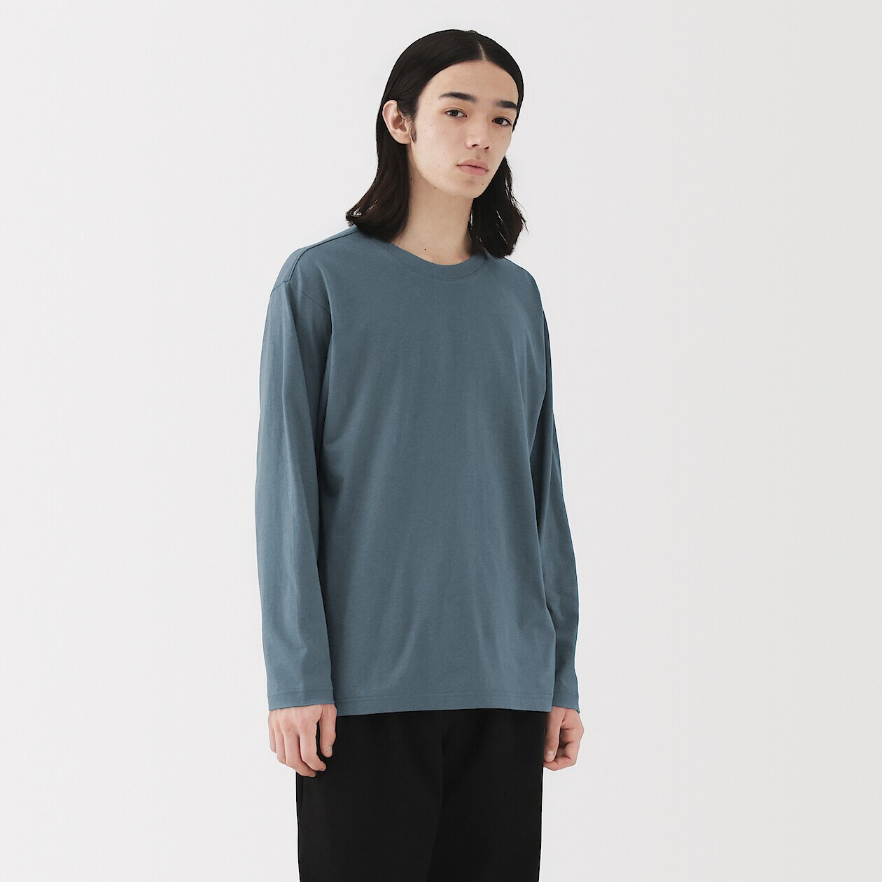 Homme Bleu Marine Foncé T‐Shirt En Jersey De Coton Lavé Manches Longues Pour