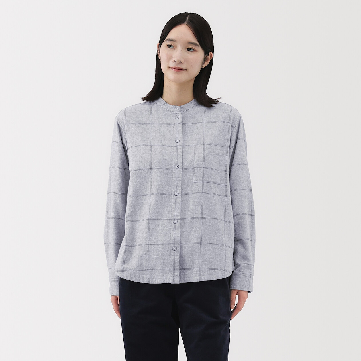 Chemise à col montant en flanelle brossée double femme