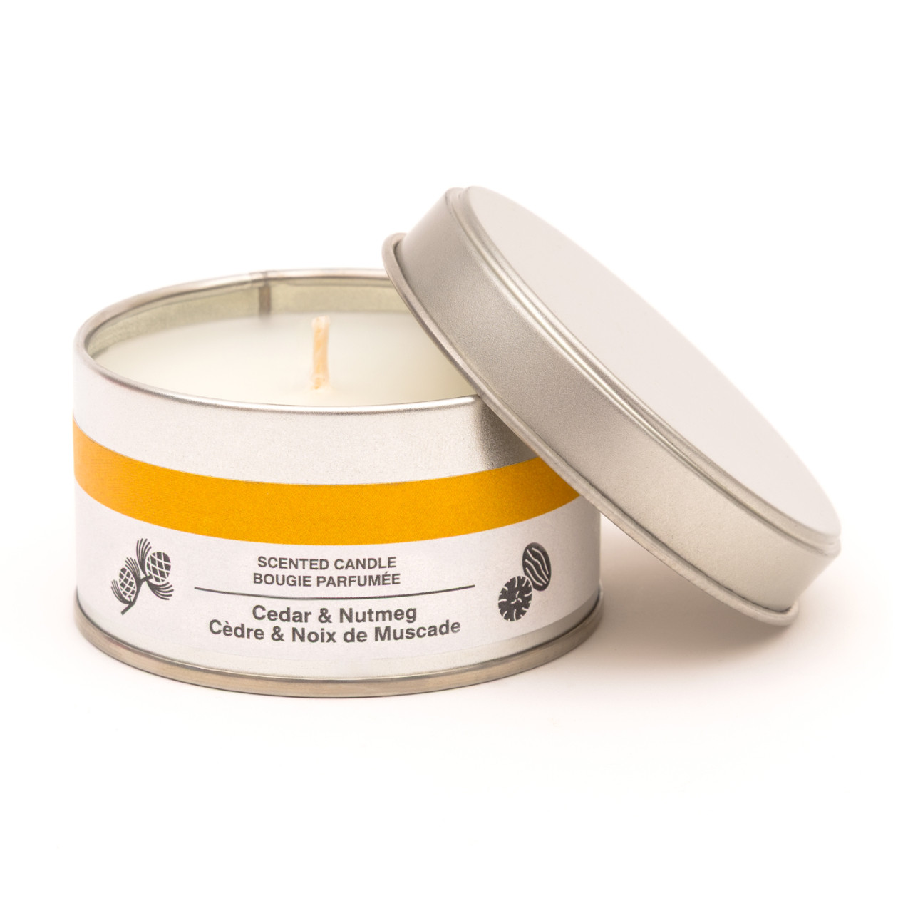 Bougie en boîte métallique au cèdre et à la noix de muscade