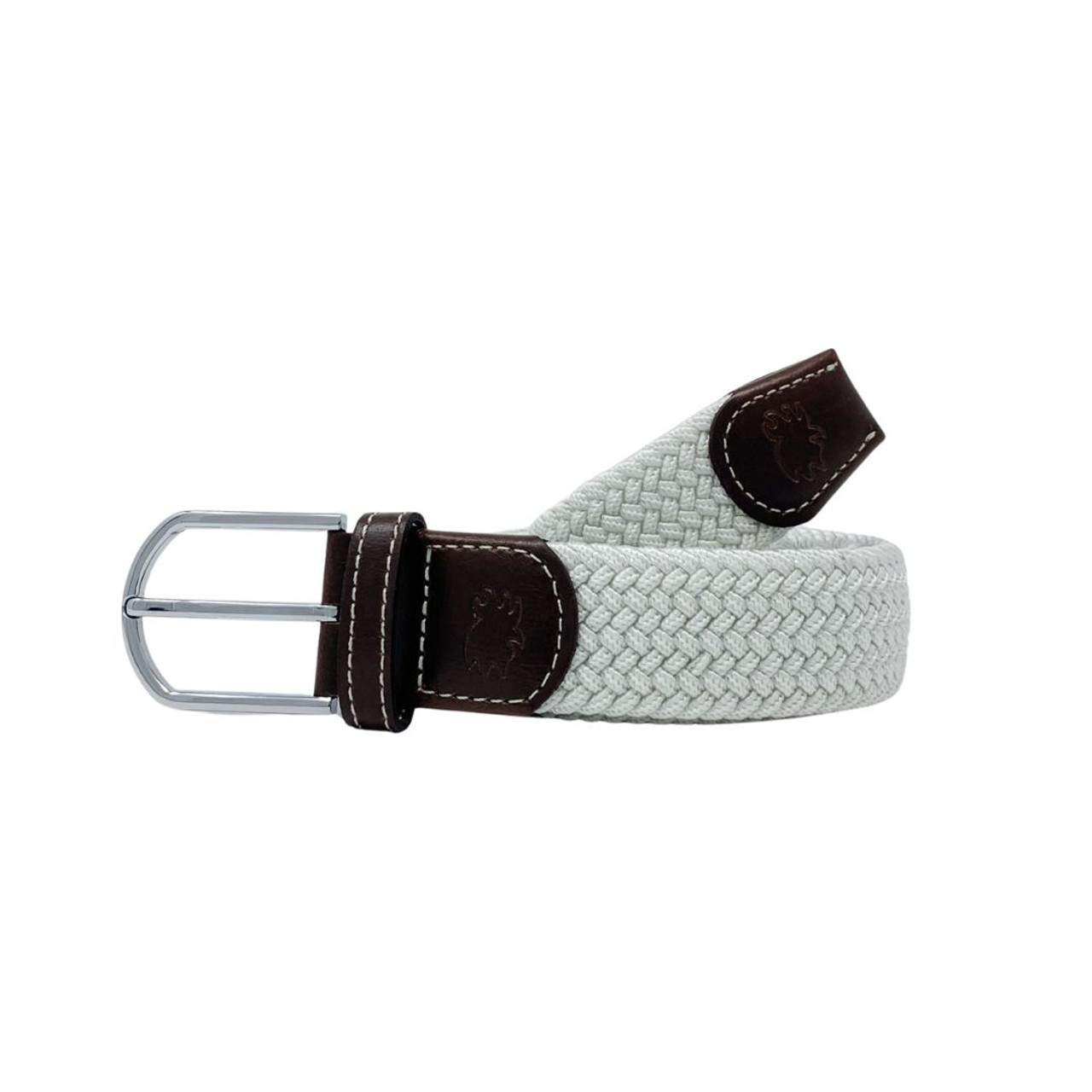 Grey Elastic Braided Stretch Belt Unisex Leather Covered Buckle