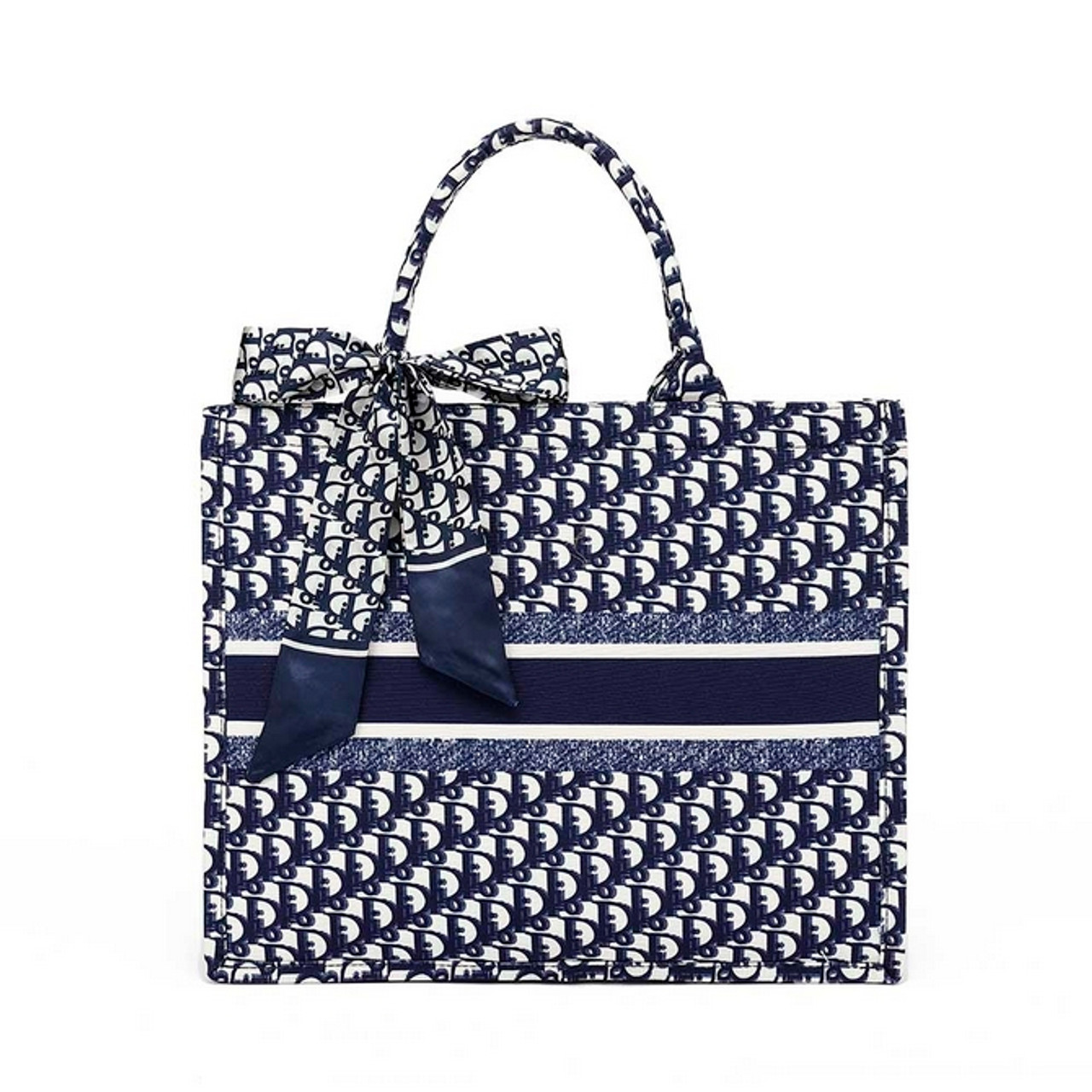 Book Tote Designer Inspired Bag with Scarf - Navy (Large)