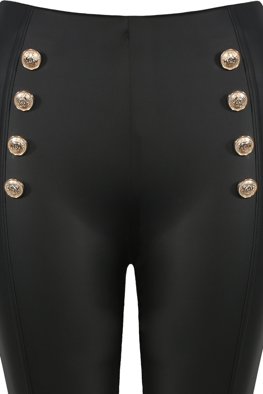 Aria Faux Leather Gold Button Leggings - Black