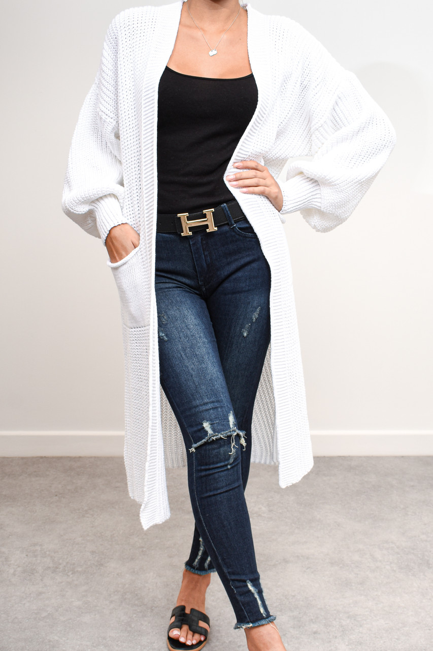 Lucy Longline Balloon Sleeve Cardigan White