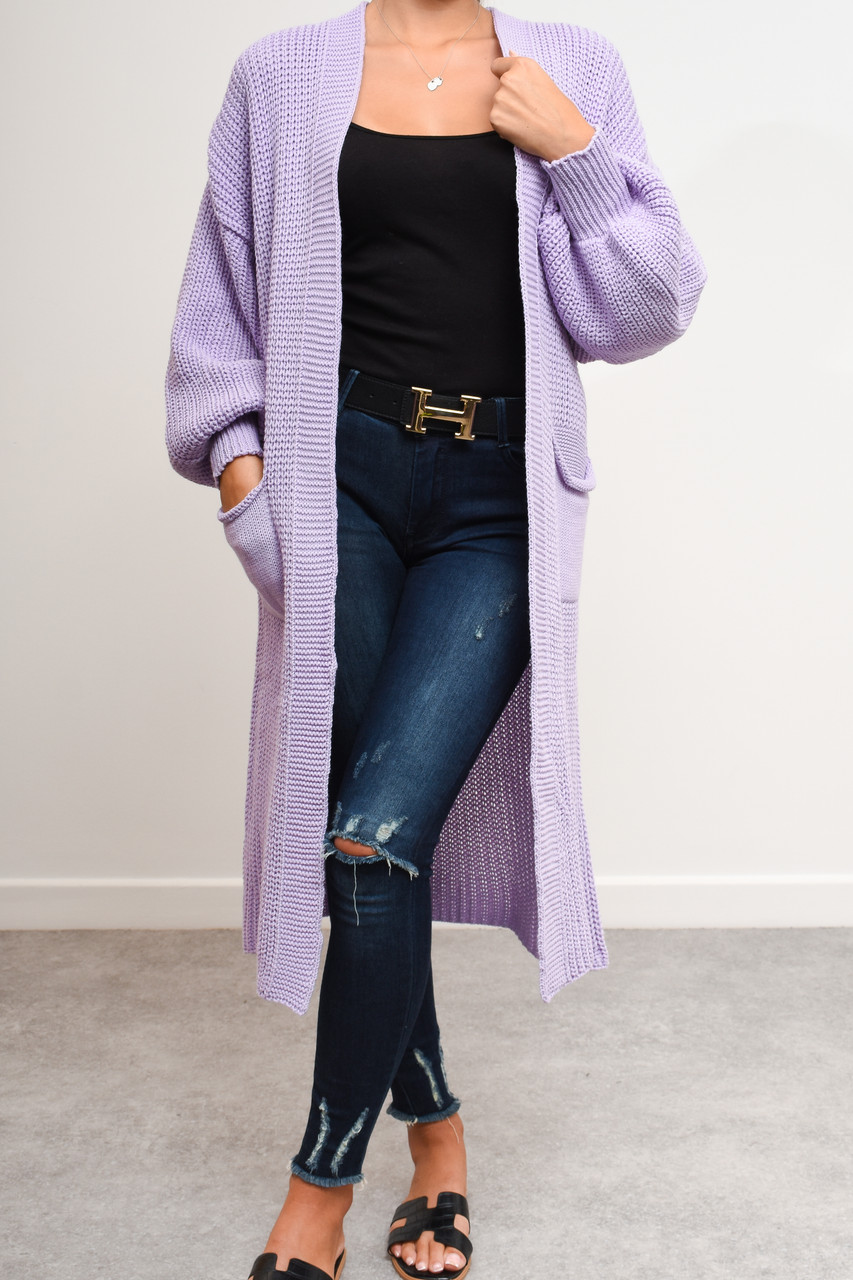 Lucy Longline Balloon Sleeve Cardigan Lilac