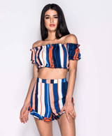 Norah Stripe Bardot Top & Frill Shorts Coord