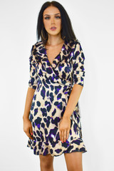 Hope Frill Animal Leopard Print Wrap Mini Dress - Purple