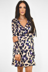 Hope Frill Animal Leopard Print Wrap Mini Dress - Purple