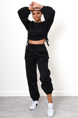 Zoe Designer Inspired Tie Ruching Loungewear Set - Black