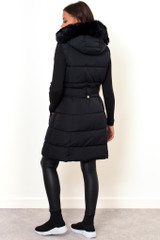 Gianna Hooded Faux Fur padded Longline Gilet in black from the back