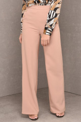 Elle Gold Button Balmain Inspired Wide Leg Trousers in Pink front view