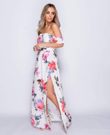 Noleen Floral Bardot Maxi Dress With Shorts - White