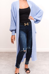 Lucy Longline Balloon Sleeve Cardigan - Blue