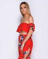 Stella Floral Print Bardot Top & Slit Trouser Coord Set - Red / Mixed