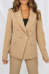 Alexandra Gold Button Double Breasted Tailored Blazer - Camel