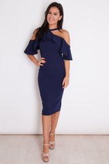 Tatum Halterneck Frill Cold Shoulder Midi Dress - Navy