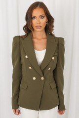 Amelia Puffed Sleeve Double Breasted Tailored Blazer - Khaki