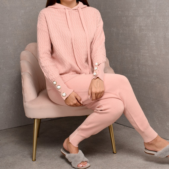 Brinley Pearl Button Knit Loungwear Set in Pink