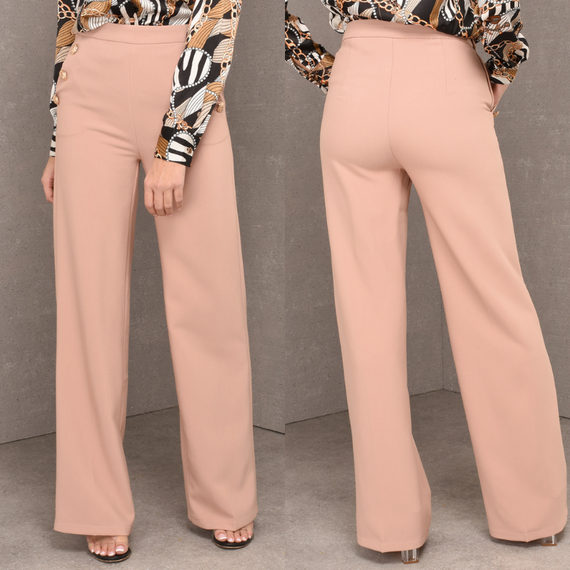 Elle Gold Button Balmain Inspired Wide Leg Trousers in Pink