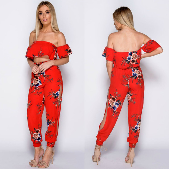 Stella Floral Print Bardot Top & Slit Trouser Coord Set - Red / Mixed