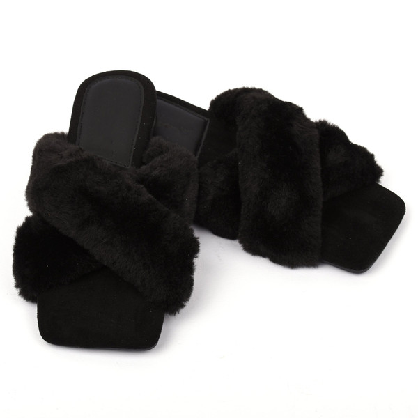 Marilyn Faux Fur Designer Inspired Slippers - Black