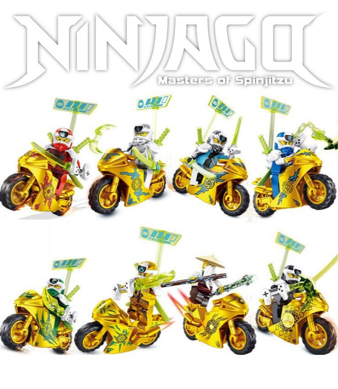 Ninjago Season 12 Custom Golden Motorcycle 8pcs Minifigures Set