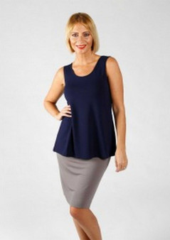 LOU LOU BAMBOO SKIRT IN GREY  PAIRED WITH LOU LOU AUSTRALIA ALICIA SINGLET IN NAVY