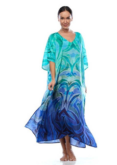 Modal Long Kaftan dress in WAVES print by Claire Powell