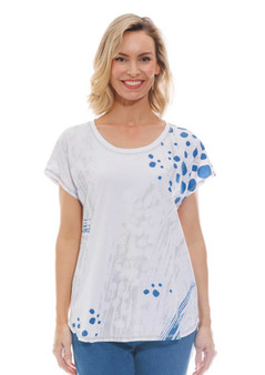 CAFE LATTE FOIL PRINT STRETCH COTTON TOP IN DENIM/WHITE/SILVER