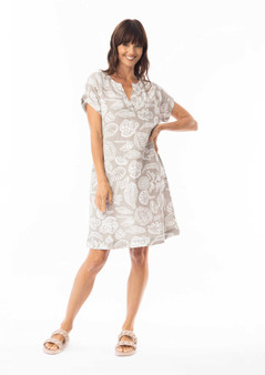 Escape by OQ Linen/Cotton Printed Shift Dress in SAND  (#71578)
