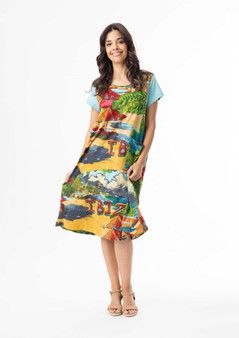 Orientique S/S Crew Neck Cotton Knit Dress in IBIZA Print (#20152 I)