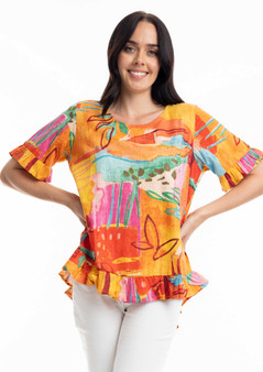 Orientique Cotton Ruffle Hem Top in KIWAYU Print (#32353)