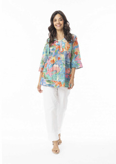 Orientique 3/4 Slv Cotton PLleat Top in MALVINAS Print (#32441)