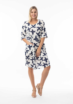 ORIENTIQUE Cotton Elbow Sleeve Dress in NAZCA Print (#40195)