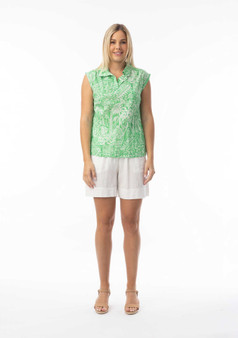 Orientique Cotton Cami Top with Collar in AKSHARAY GREEN (#42205). WAS $59.95 now