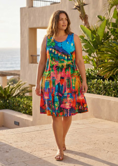 Orientique SLEEVELESS EZY Fit Cotton Dress in FRENCH RESTAURANT Print (#21884)