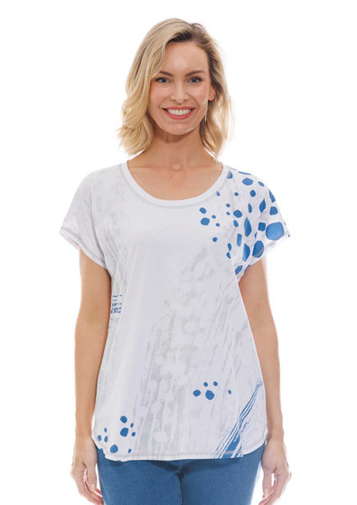 CAFE LATTE FOIL PRINT STRETCH COTTON TOP IN DENIM/WHITE/SILVER