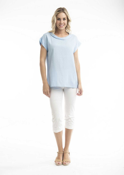 orientique linen blend rolled neck top in chambray blue