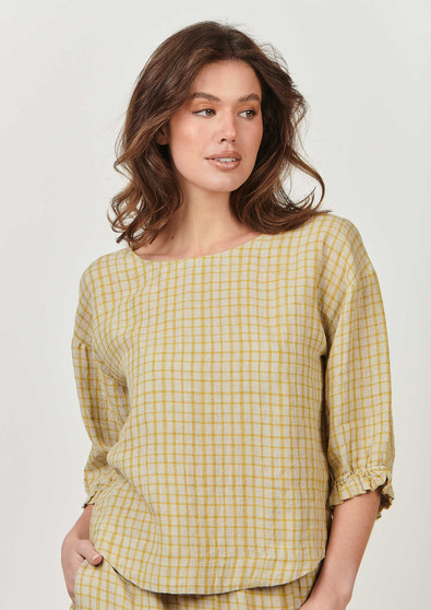 Naturals by Olive et Julie Elbow Sleeve Linen Top in KIWI  MATRIX Print (#GA472)