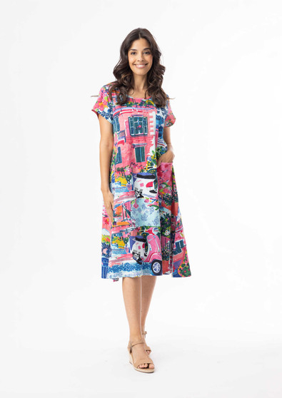 Orientique S/S Crew Neck cotton Knit Dress in SCOOTER Print (#20152S) Orientique S/S Crew Neck cotton Knit Dress in SCOOTER Print (#20152S)