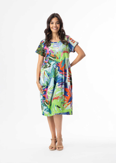 Orientique Cotton Knit S/S Bubble Dress in LEAVES BLUE (#20151 LB) Orientique Cotton Knit S/S Bubble Dress in LEAVES BLUE (#20151 LB)