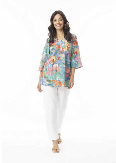 Orientique 3/4 Slv Cotton Pleat Top in MALVINAS Print (#32441)